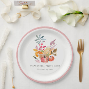 Plato De Papel Otoño Chic Calabaza de Cosecha Boda Acuarela