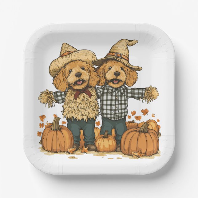 Plato De Papel Otoño Cosecha Goldendoodle Dogs (Anverso)