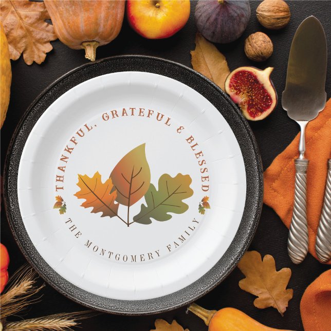 Plato De Papel Otoño otoñal deja agradecido Fiesta del Día de Acc (Fall Autumn Oak Leaves Grateful Thanksgiving Party Paper Plates @ fat_fa_tin)