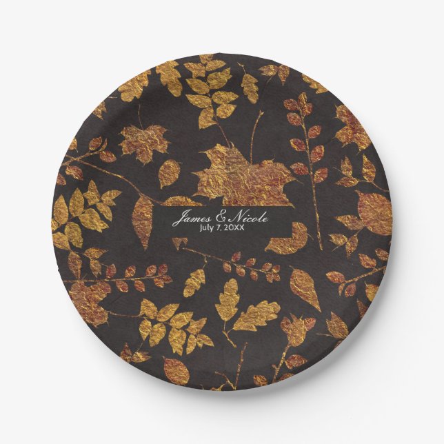 Plato De Papel Otoño Rustic Golden Leaves Elegante Boda (Anverso)