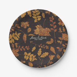 Plato De Papel Otoño Rústico Hojas Doradas Elegante Boda
