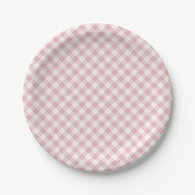 Plato De Papel Otoño Temprano Retro Gingham | Rosa Silenciado (Anverso)