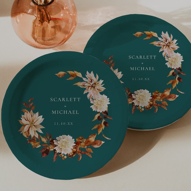 Plato De Papel Otoño Verde Azul (Teal Fall Wreath Floral Decor Paper Plates by Painted Paperie
)
