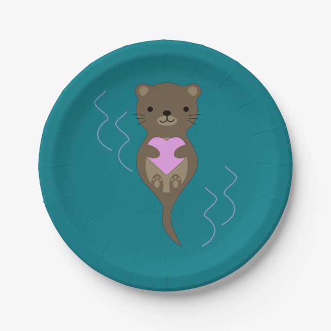 Plato De Papel Otter lindo abrazando un corazón rosado (Anverso)