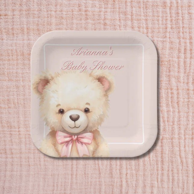 Plato De Papel Our Little Bear on the Way Pink Bow Baby Shower (Subido por el creador)