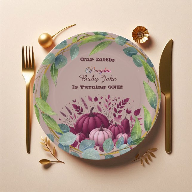 Plato De Papel Our Little Pumpkin 1st Birthday Fall Wreath Purple (Our Little Pumpkin 1st Birthday Fall Wreath Purple Paper Plate)