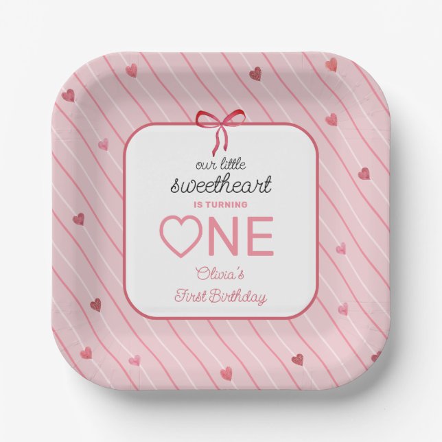 Plato De Papel Our Little Sweetheart Is One Hearts Bows Birthday (Anverso)