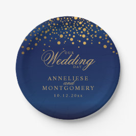 Plato De Papel Our Wedding Day Navy Blue & Gold Confetti Dots