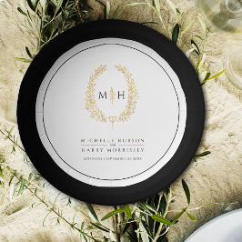 Plato De Papel Oval wreath art hojas oro negro monograma boda