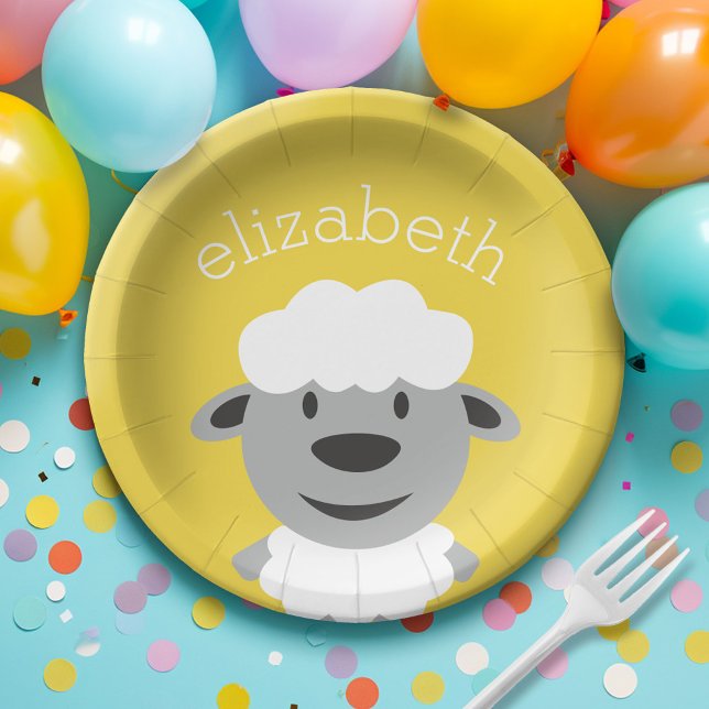 Plato De Papel Oveja de granja Personalizado suave - amarillo y g (Custom Paper Plate for a Party)