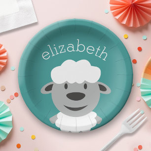 Plato De Papel Oveja de granja Personalizado - Verde azulada y gr