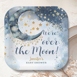 Plato De Papel Over The Moon Baby Shower Boy Blue Paper Plate