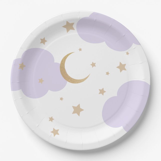 Plato De Papel Over the Moon Purple Baby Shower  (Anverso)