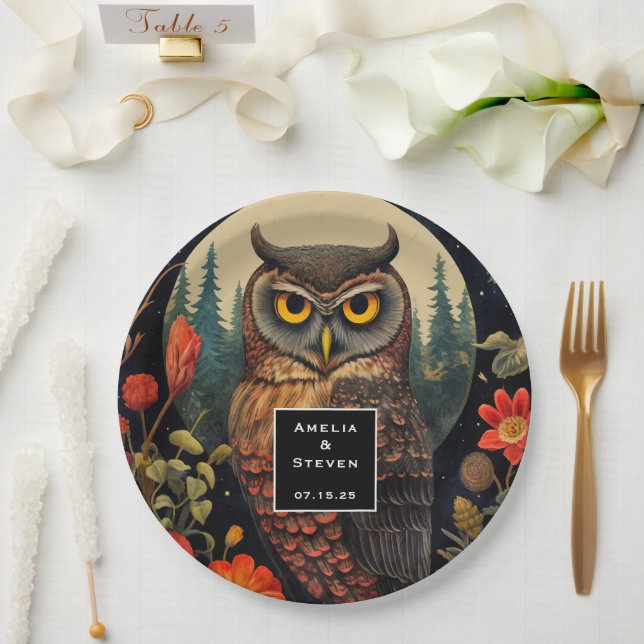 Plato De Papel Owl at Night with a Full Moon Pattern Wedding (Boda)