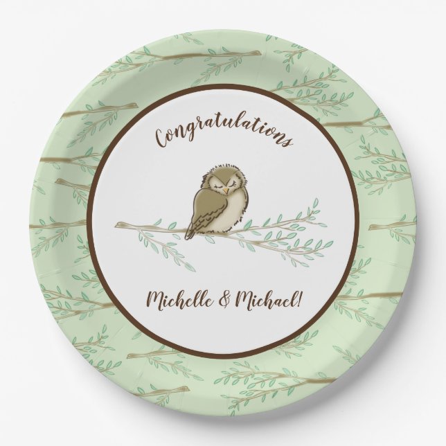 Plato De Papel Owl Baby Shower Woodland (Anverso)