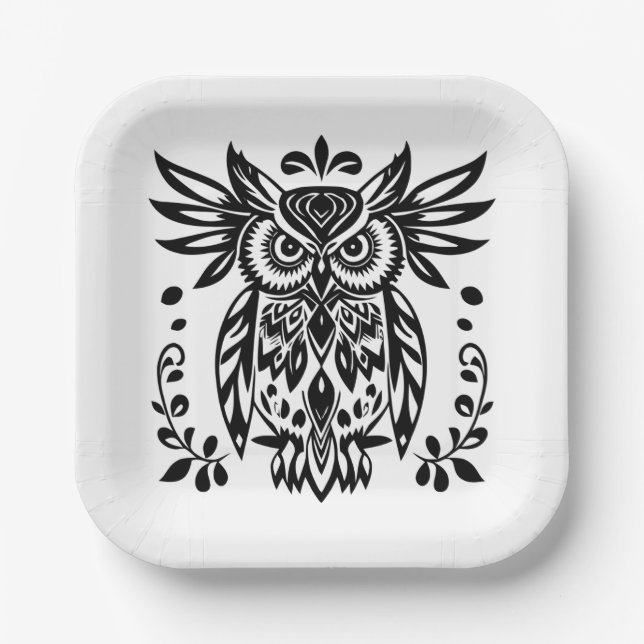 Plato De Papel Owl Lovers Rustic Woodlands Black White Bohemian  (Anverso)