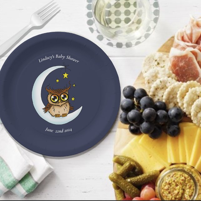 Plato De Papel Owl Moon Blue Cute Stars Baby Shower (Subido por el creador)