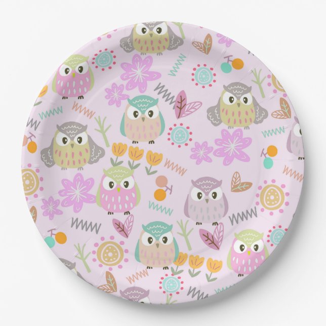 Plato De Papel Owl Pastel Pink   (Anverso)