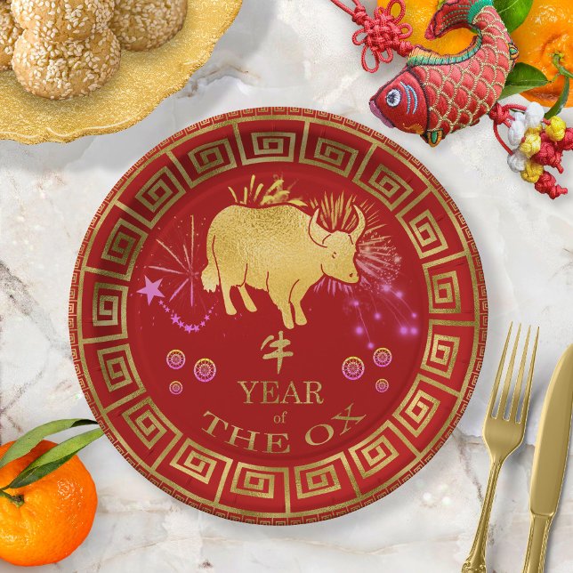 Plato De Papel Ox Rojo/Oro Zodiaco Chino ID542 (Subido por el creador)