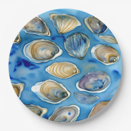 Plato De Papel Oysters Clams Seashells Watercolor Azul