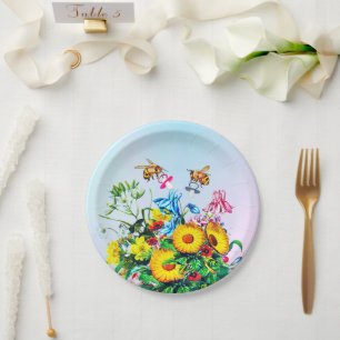 Plato De Papel Pacificador floral de abejas gemelas Baby Shower
