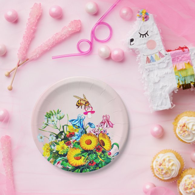 Plato De Papel Pacificador floral rosado de abejas Baby Shower (Fiesta)