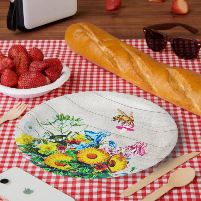 Plato De Papel Pacificador floral rústico de abejas Baby Shower (Picnic)