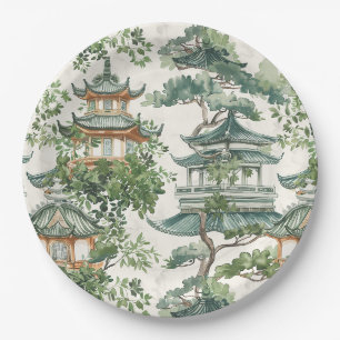 Plato De Papel Pagoda asiática acuarela en paisaje verde (10)