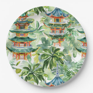 Plato De Papel Pagoda asiática acuarela en paisaje verde (11)