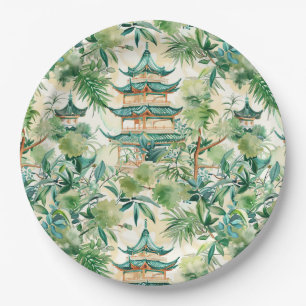 Plato De Papel Pagoda asiática acuarela en paisaje verde (12)