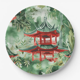Plato De Papel Pagoda asiática acuarela en paisaje verde (14)