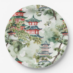 Plato De Papel Pagoda asiática acuarela en paisaje verde (4)