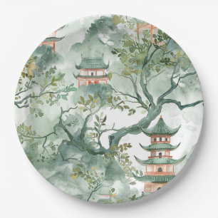 Plato De Papel Pagoda asiática acuarela en paisaje verde (5)