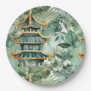 Plato De Papel Pagoda asiática acuarela en paisaje verde (6)