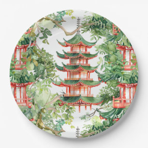 Plato De Papel Pagoda asiática acuarela en paisaje verde (9)