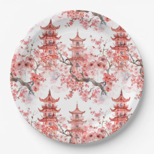 Plato De Papel Pagoda china acuarela con flores de cerezo (3)