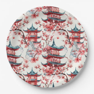 Plato De Papel Pagoda china acuarela con flores de cerezo (8)
