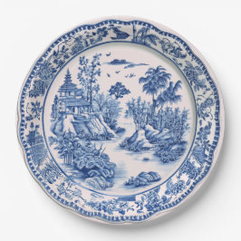 Plato De Papel Pagoda Chinoiserie azul y blanca
