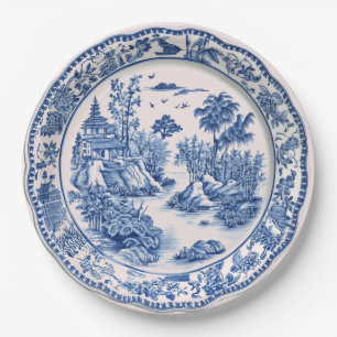 Plato De Papel Pagoda Chinoiserie azul y blanca