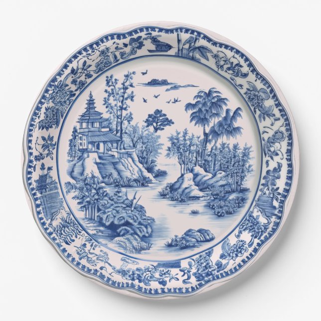 Plato De Papel Pagoda Chinoiserie azul y blanca (Anverso)