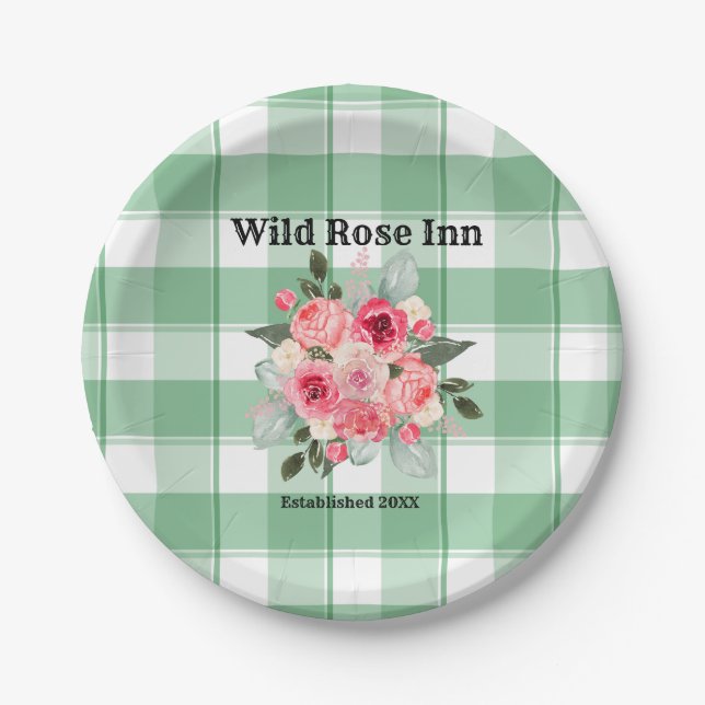 Plato De Papel País Gingham Rosas silvestres B & B Personalizado  (Anverso)
