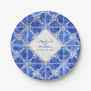 Plato De Papel País rústico de la teja de la acuarela blanca azul