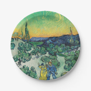 Plato De Papel Paisaje con Pareja Caminando y Luna Crescent