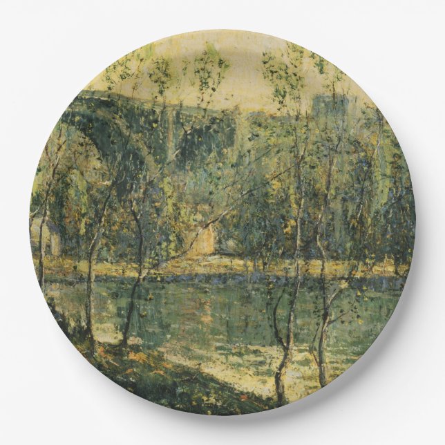 Plato De Papel Paisaje con río y puente: primavera por la mañana (Anverso)