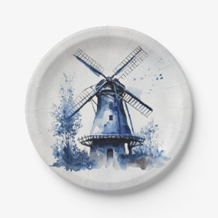 Plato De Papel Paisaje de estilo Delft azul y blanco con molino d