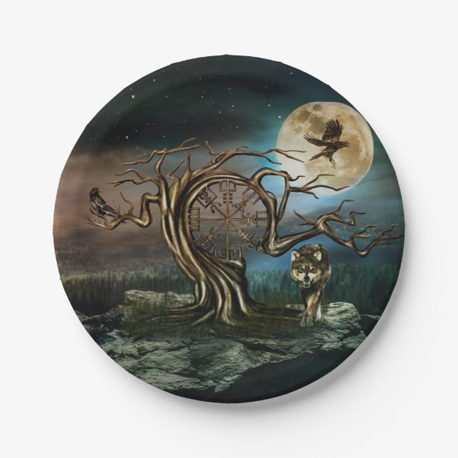 Plato De Papel Paisaje de la luna de árbol vegetal (Anverso)
