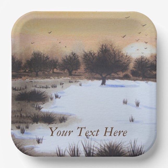 Plato De Papel Paisaje de nieve de los navidades con árboles cubi (Anverso)