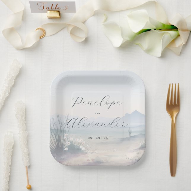 Plato De Papel Paisaje Desértico Pastel Acuarela Pacífico (Boda)