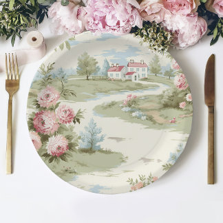 Plato De Papel Paisaje floral en el hogar del dulce rústico