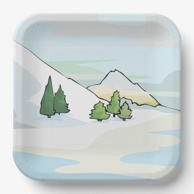 Plato De Papel Paisaje invernal alpino con pinos (Anverso)